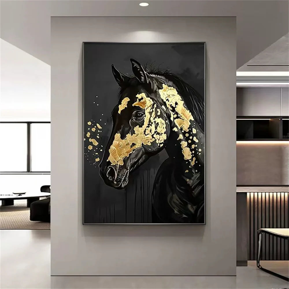 Black & Gold Abstract Animal Horse Canvas Art #DW059
