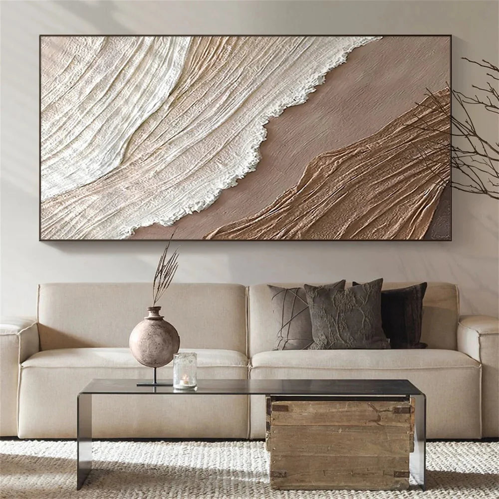 Beige & Brown Minimalist Ocean And Sky Textured Canvas Art #OC026