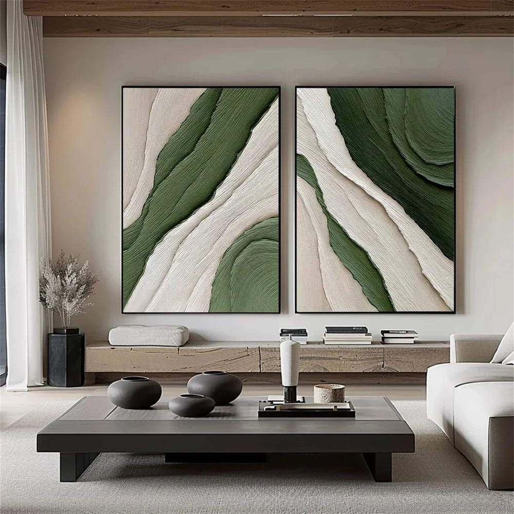 Green and White Minimalist Textured Wall Art Set of 2 #WM036