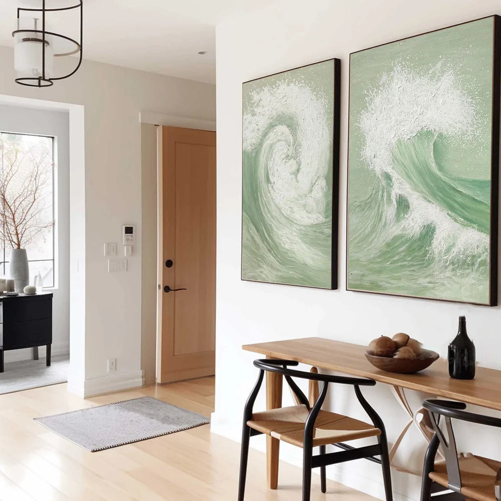 White & Green Minimalist Ocean And Sky Textured Set Of 2 Canvas Art #OC053
