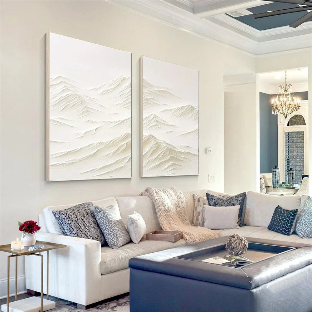 White Minimalist Mountain Textured Canvas Art Set of 2 #BT006