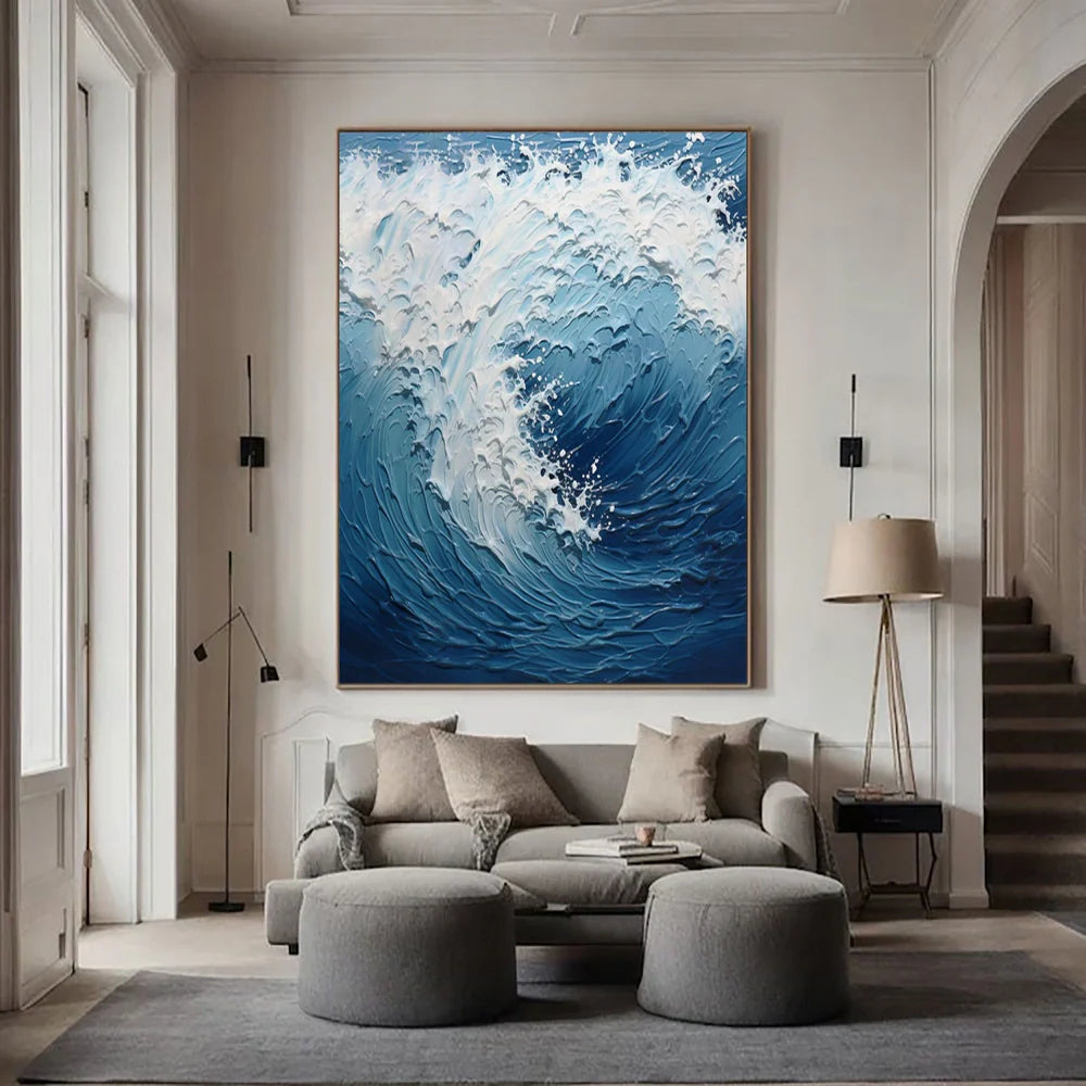White & Blue Minimalist Ocean And Sky Textured Canvas Art #OC052