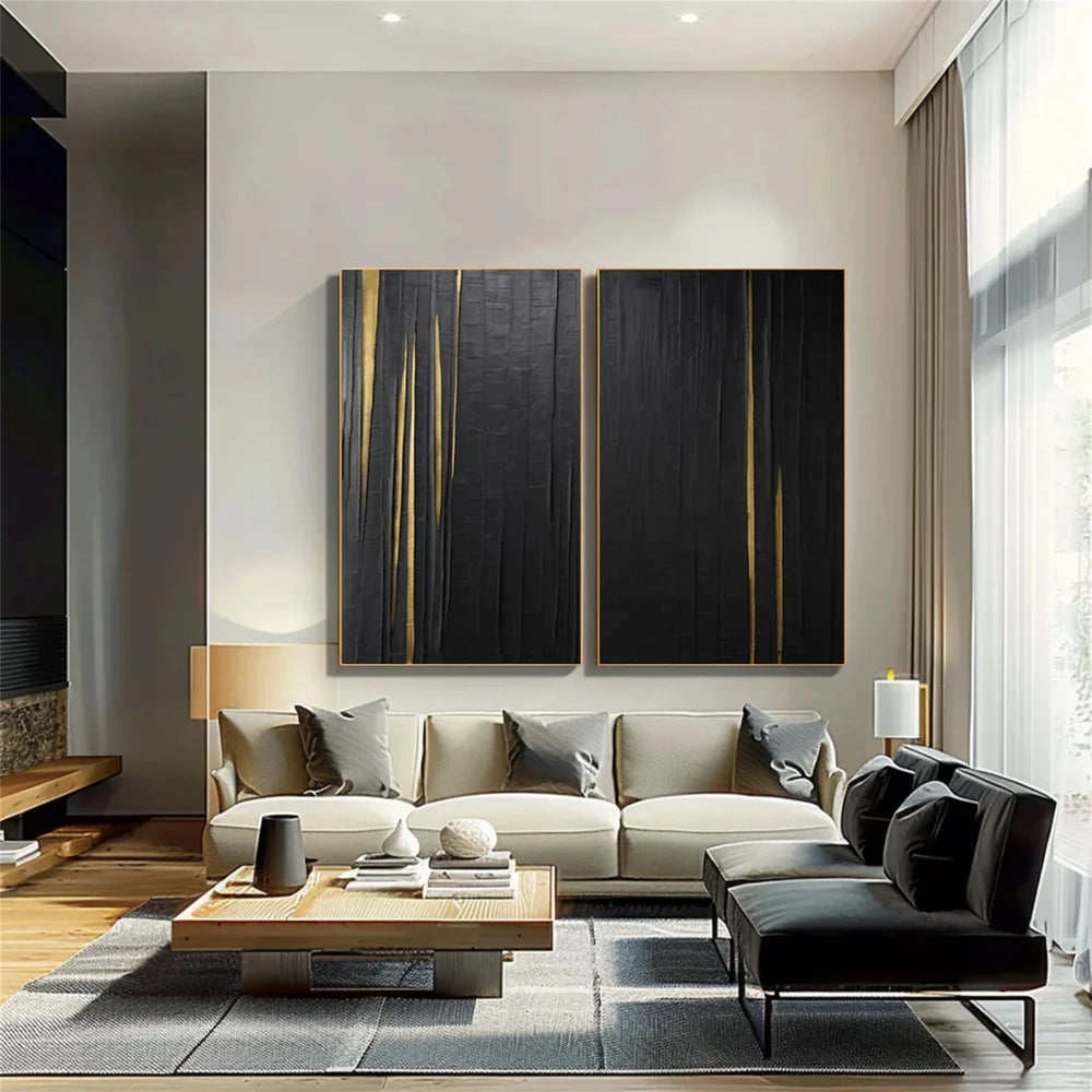 Black Minimalist Textured Canvas Art Set of 2 #WZ040