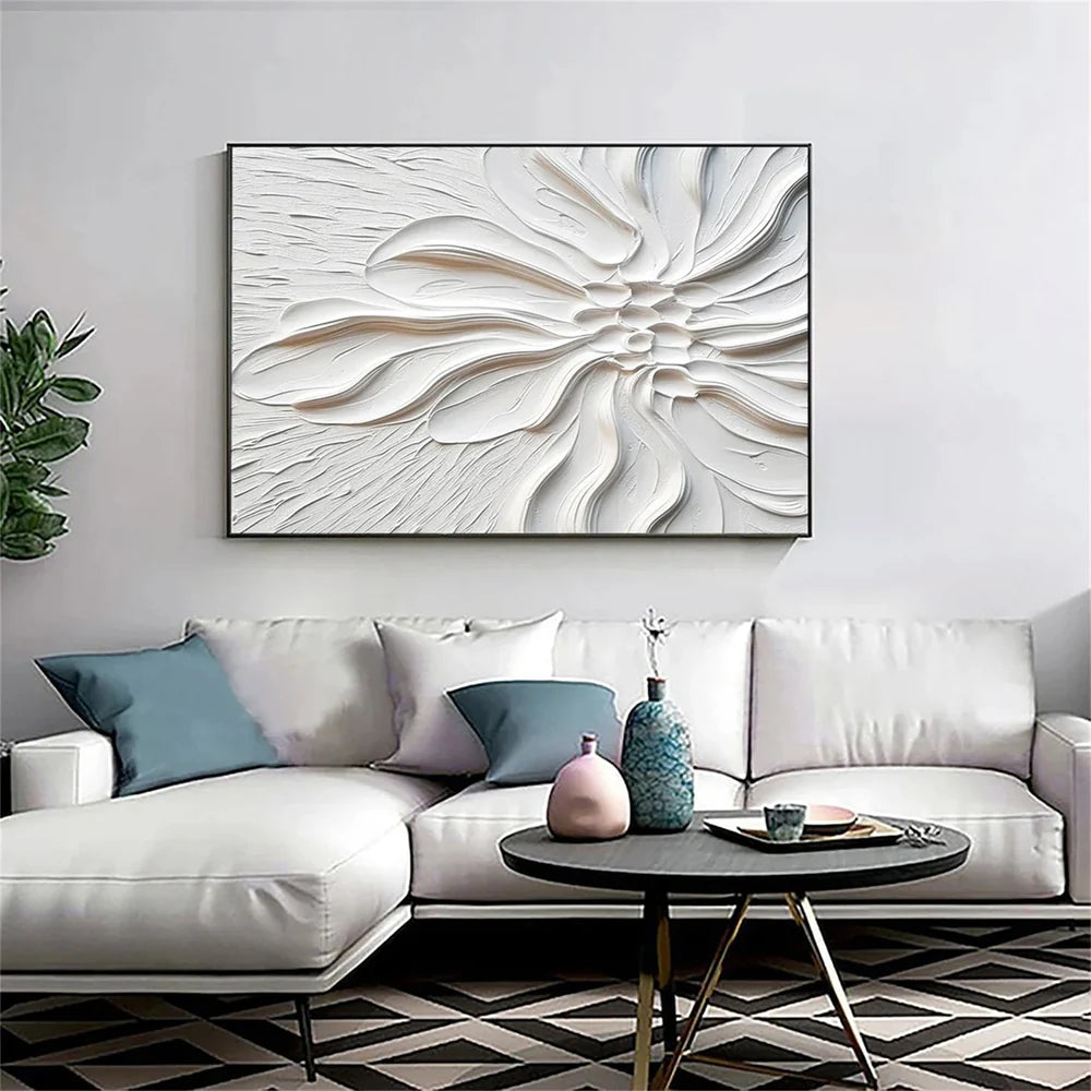 White Minimalist Flower And Tree Textured Canvas Art #MF020