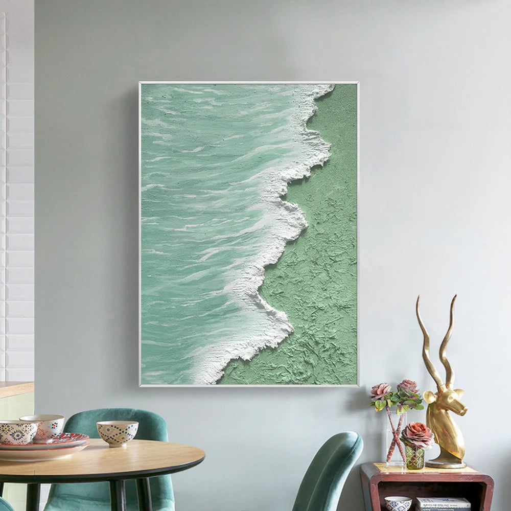 Green & White Minimalist Ocean And Sky Textured Canvas Art #OC044