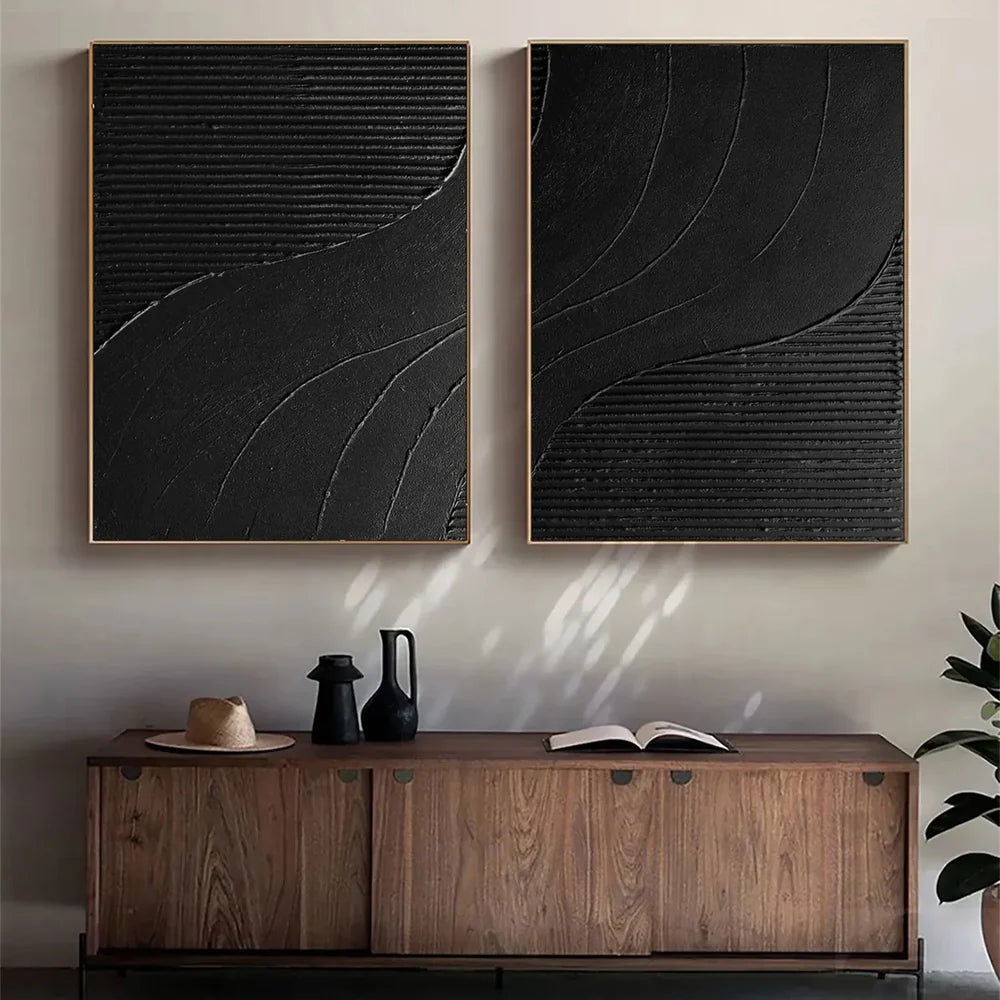 Black Minimalist Textured Canvas Art Set of 2 #WZ078