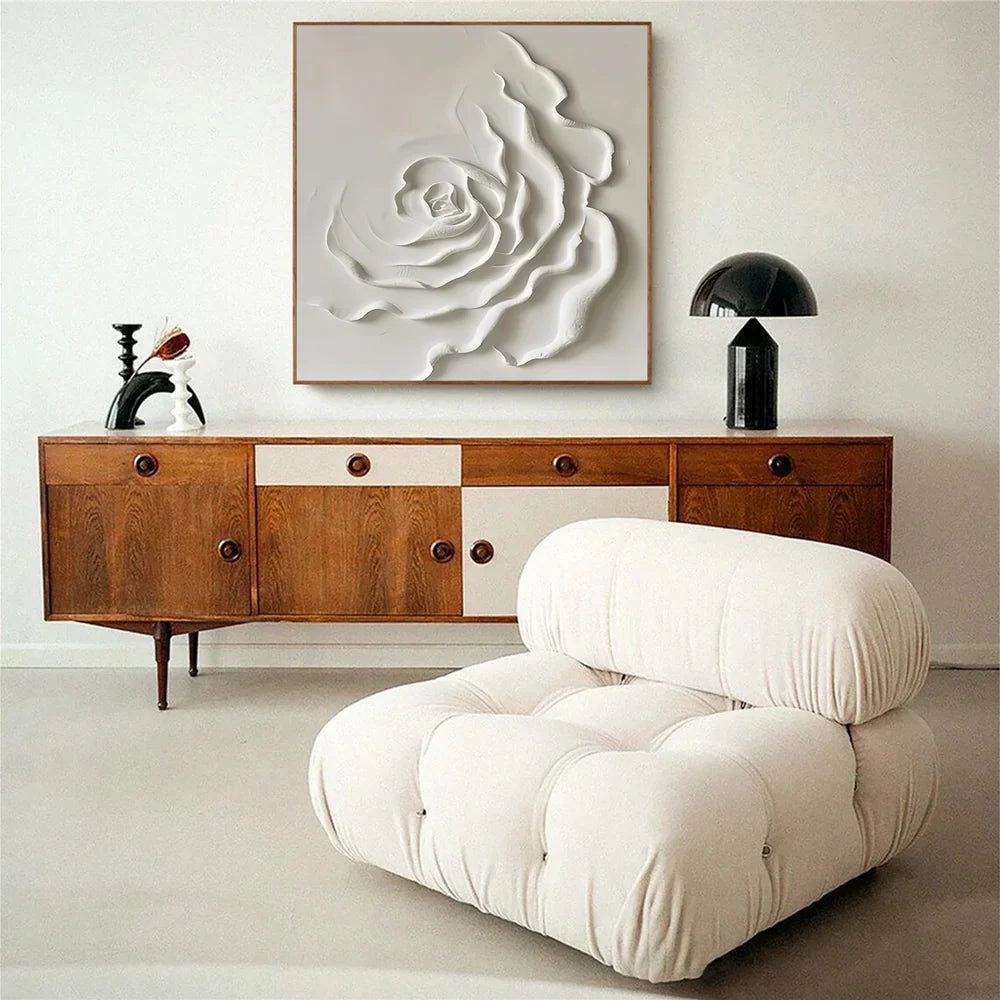 White Minimalist Flower And Tree Textured Canvas Art #MF016