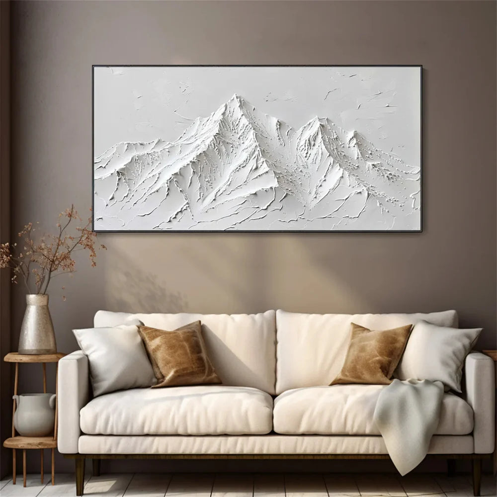 White Minimalist Mountain Textured Canvas Art #BT023