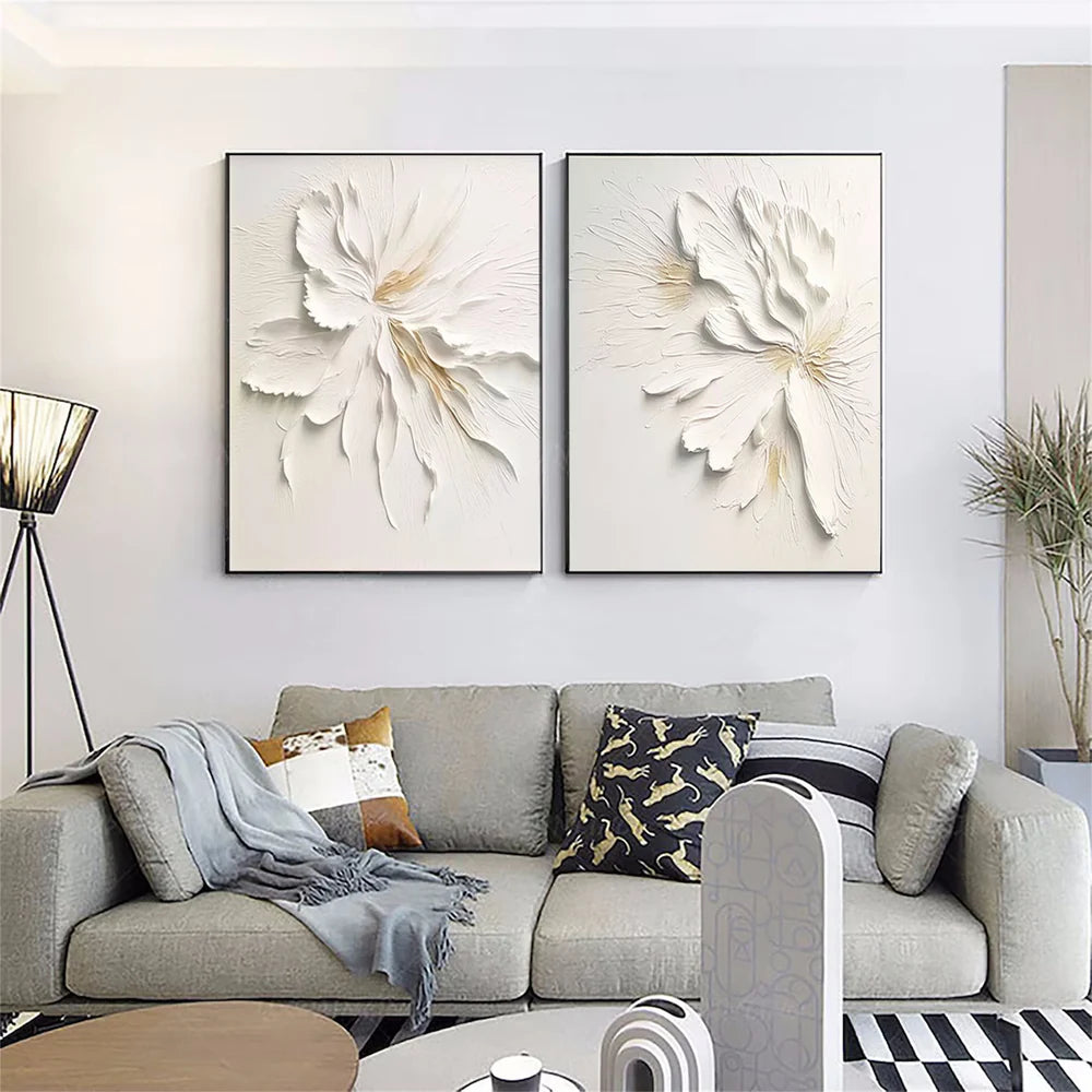 White Minimalist Flower And Tree Textured Canvas Art Set of 2 #MF067