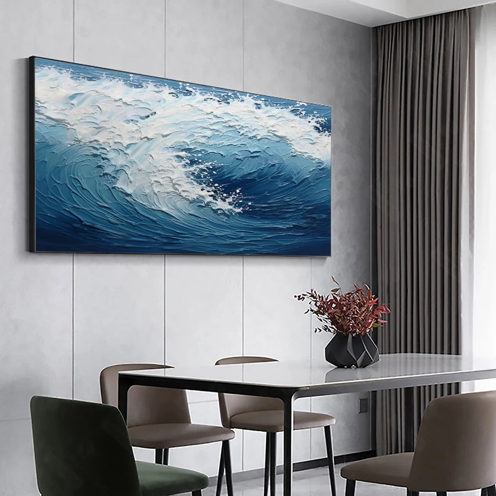 White & Blue Minimalist Ocean And Sky Textured Canvas Art #OC051