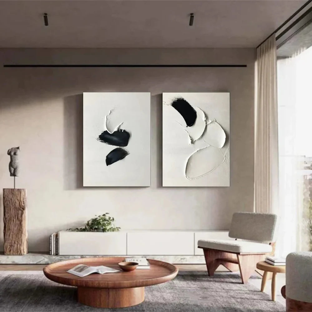 Black and White Minimalist Textured Canvas Art Set of 2 #WZ009