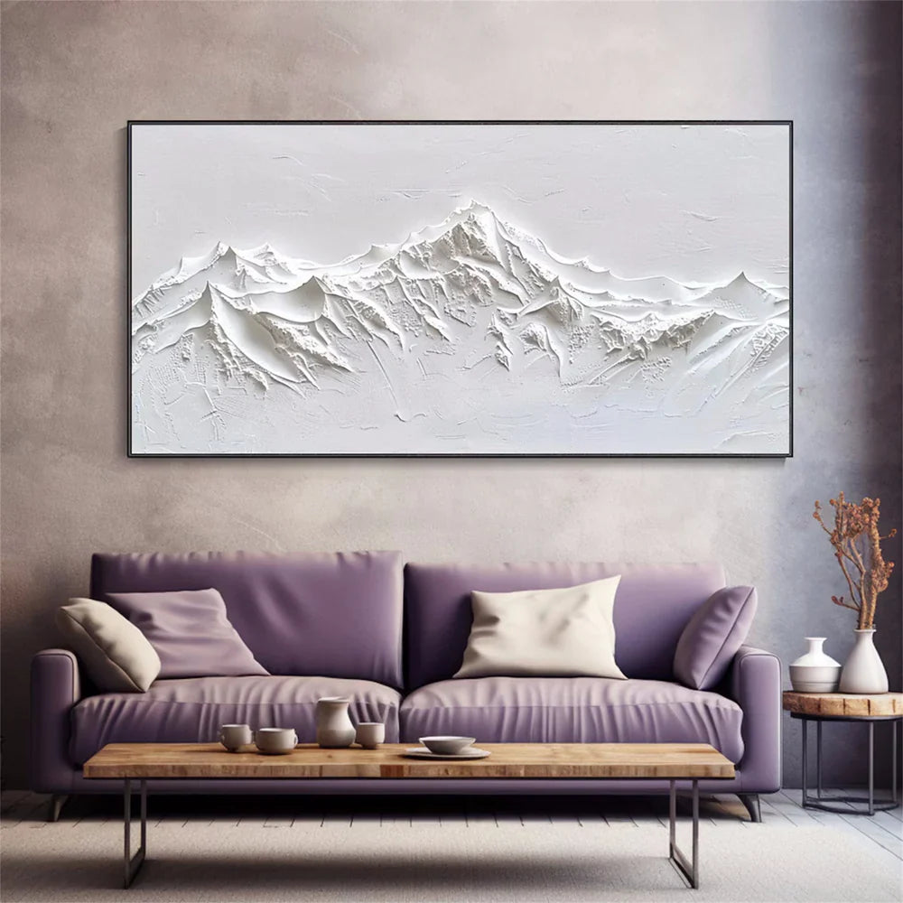 White Minimalist Mountain Textured Canvas Art #BT011