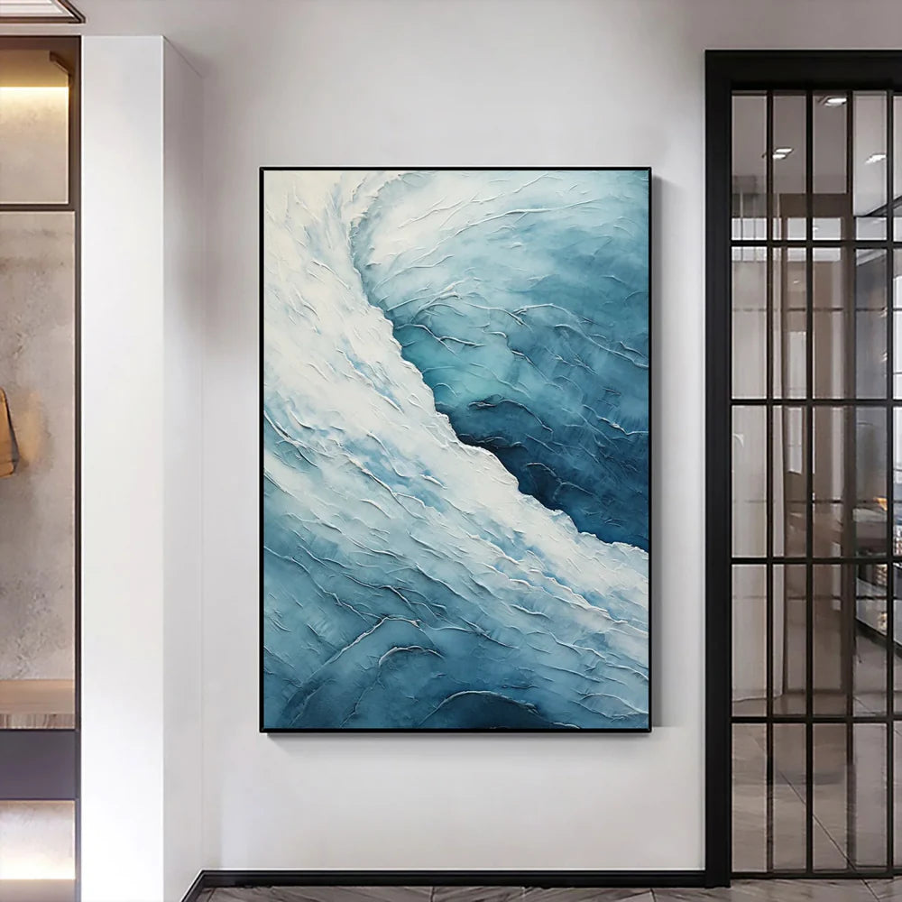 White & Blue Minimalist Ocean And Sky Textured Canvas Art #OC054