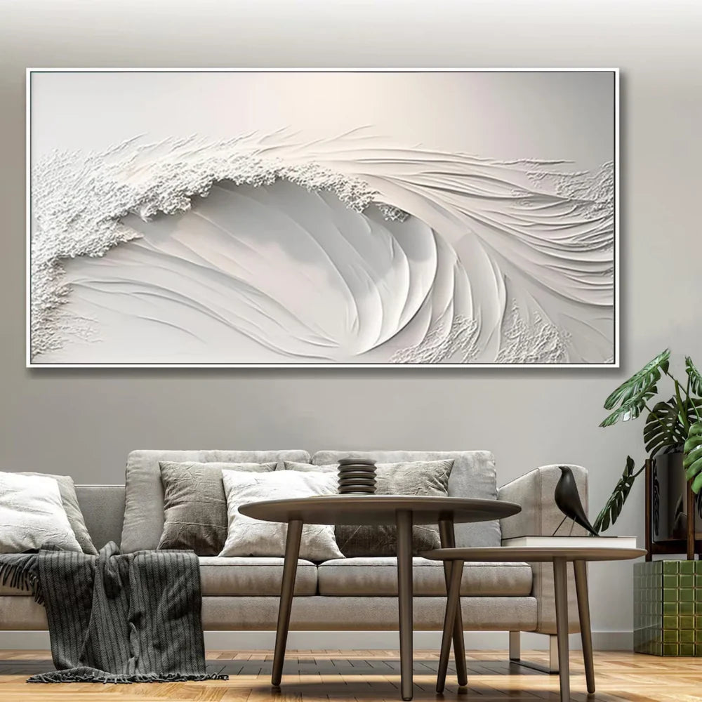 White Minimalist Ocean And Sky Textured Canvas Art #OC007