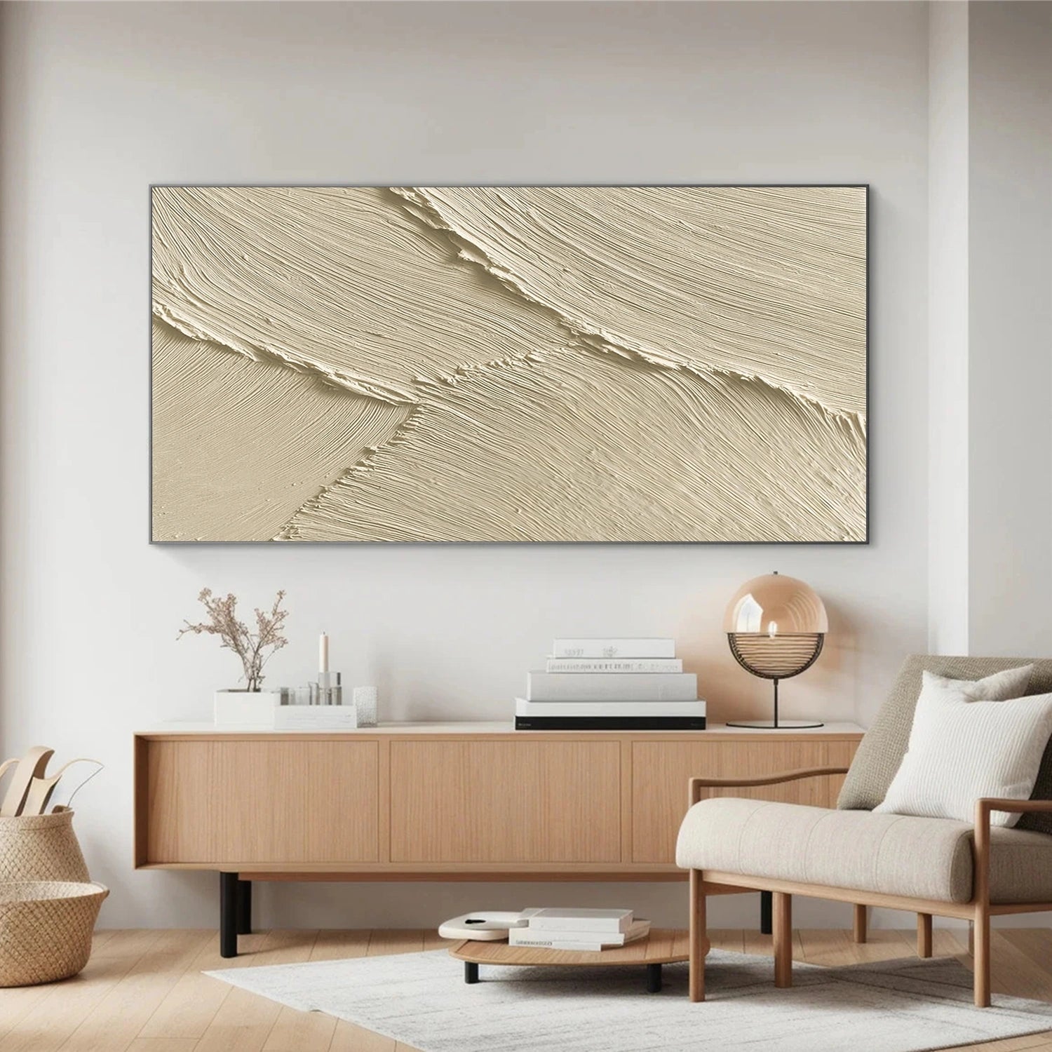 Beige Minimalist Ocean And Sky Textured Canvas Art #OC153