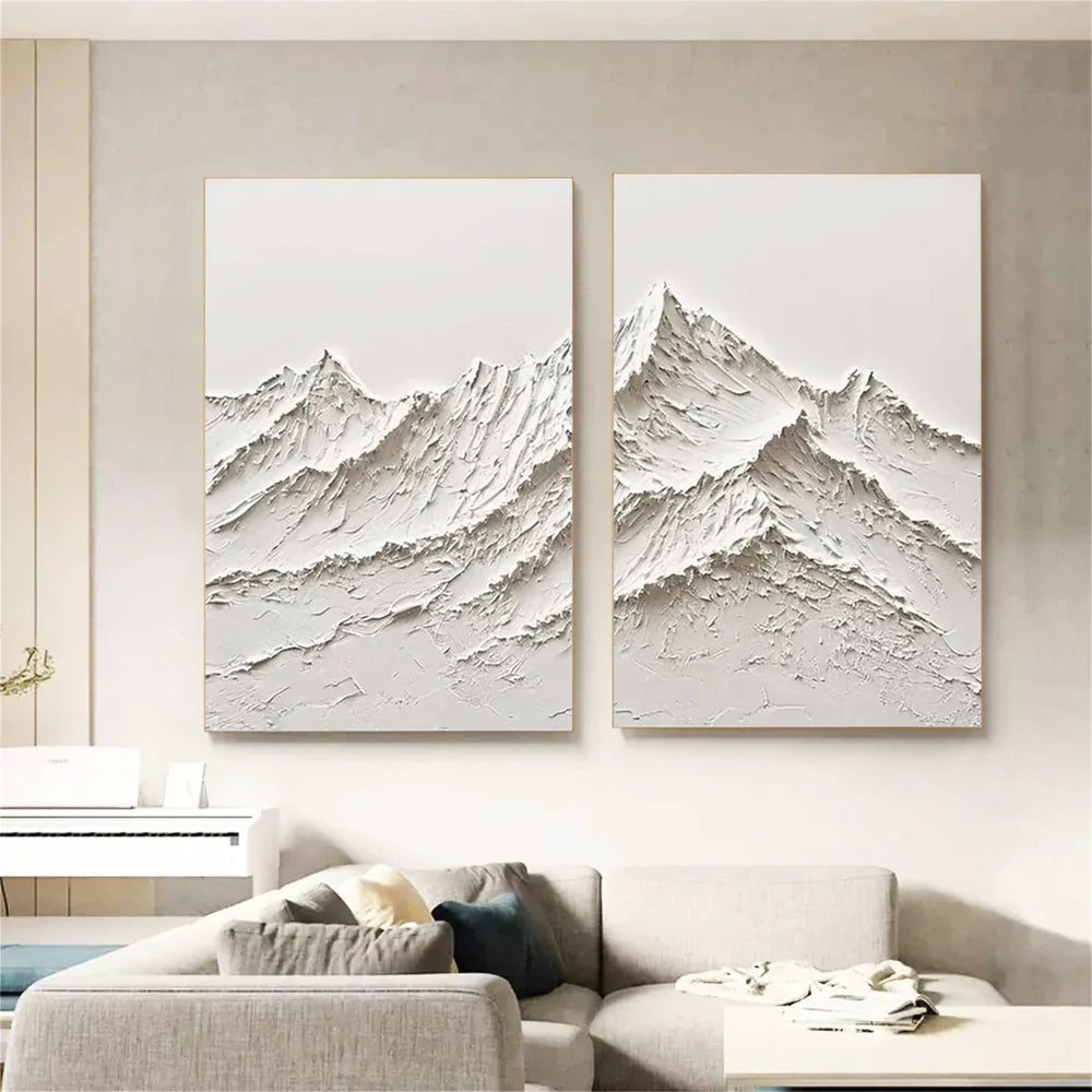 White Minimalist Mountain Textured Canvas Art Set of 2 #BT007