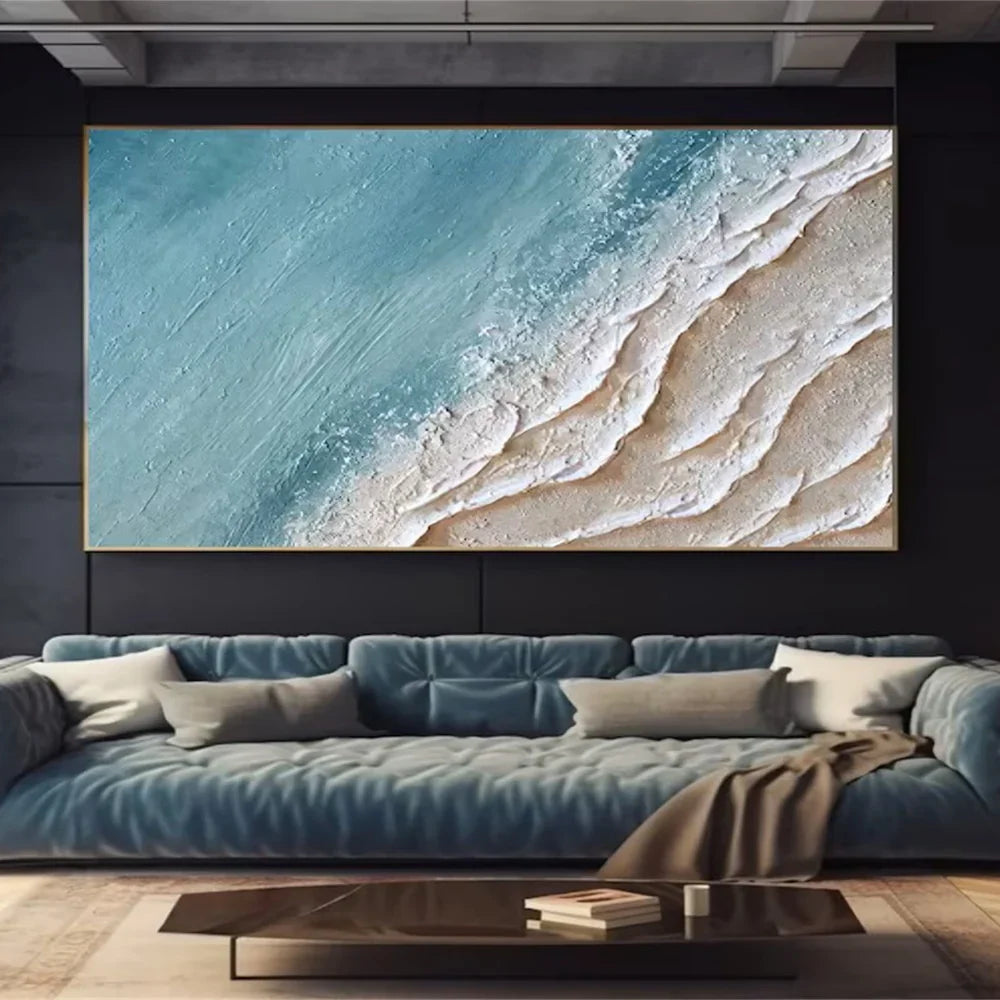 Blue & Beige Minimalist Ocean And Sky Textured Canvas Art # OC020