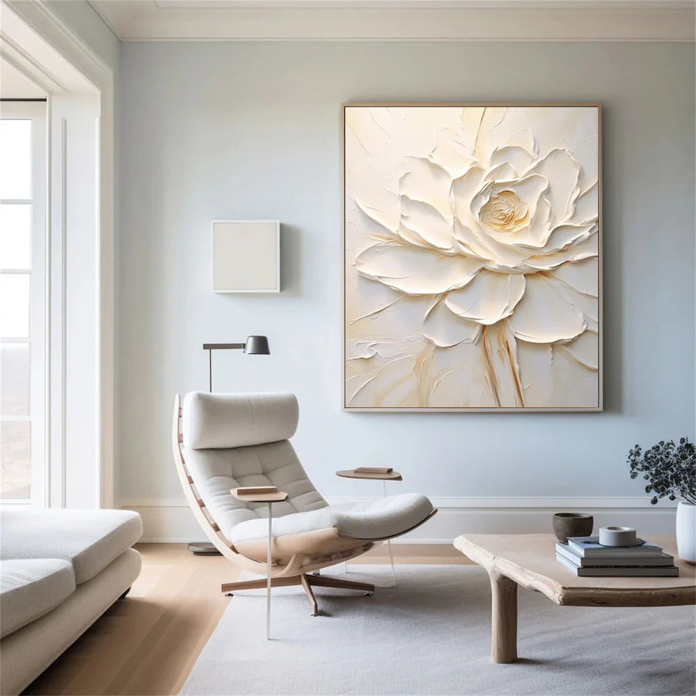 White Minimalist Flower And Tree Textured Canvas Art #MF026