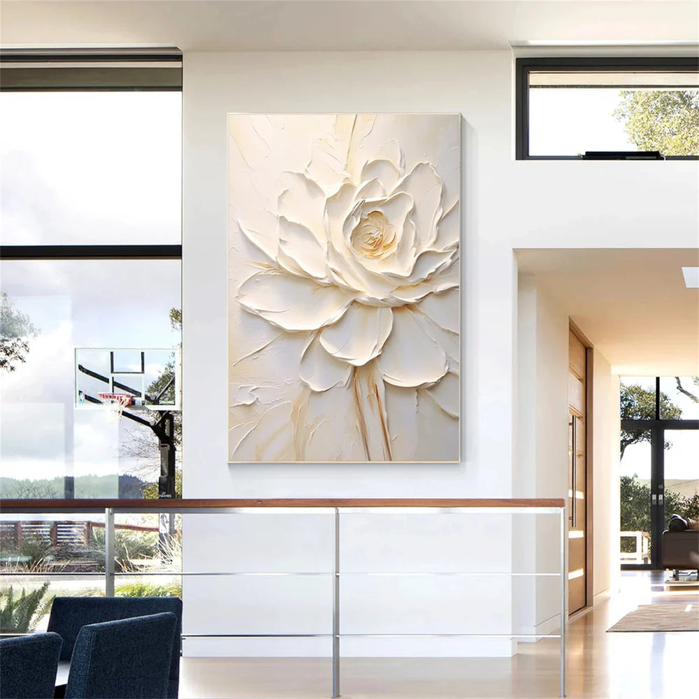 White Minimalist Flower And Tree Textured Canvas Art #MF026