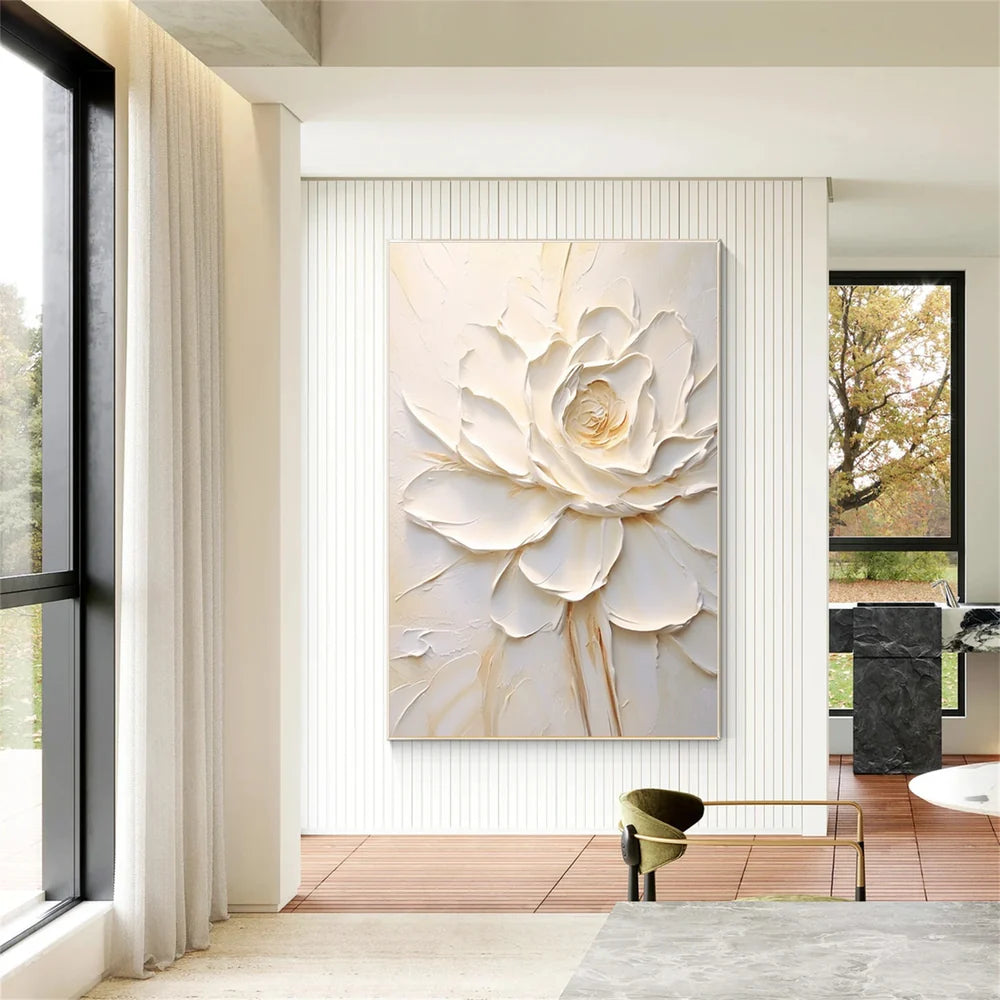 White Minimalist Flower And Tree Textured Canvas Art #MF026