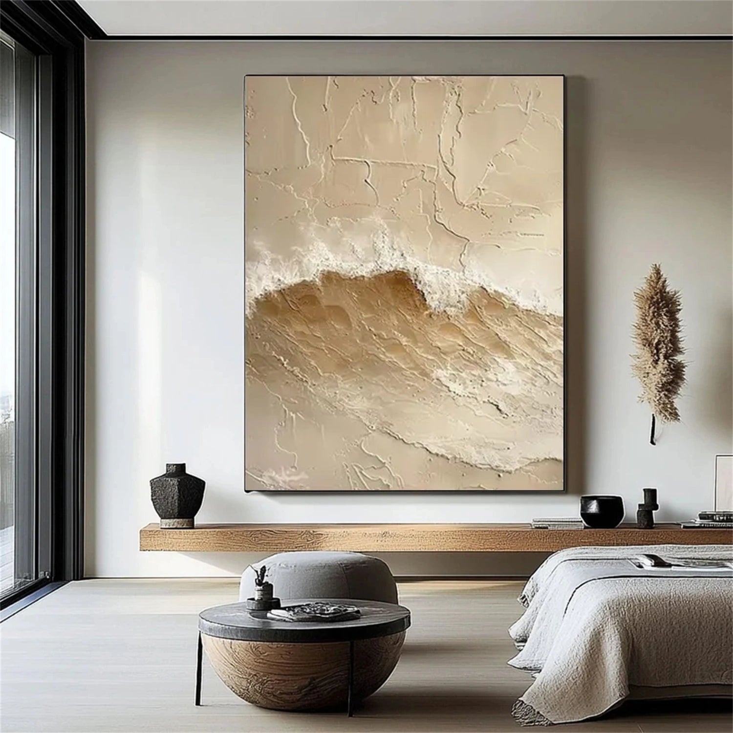 Beige and Brown Abstract Ocean And Sky Textured Canvas Art #OC118