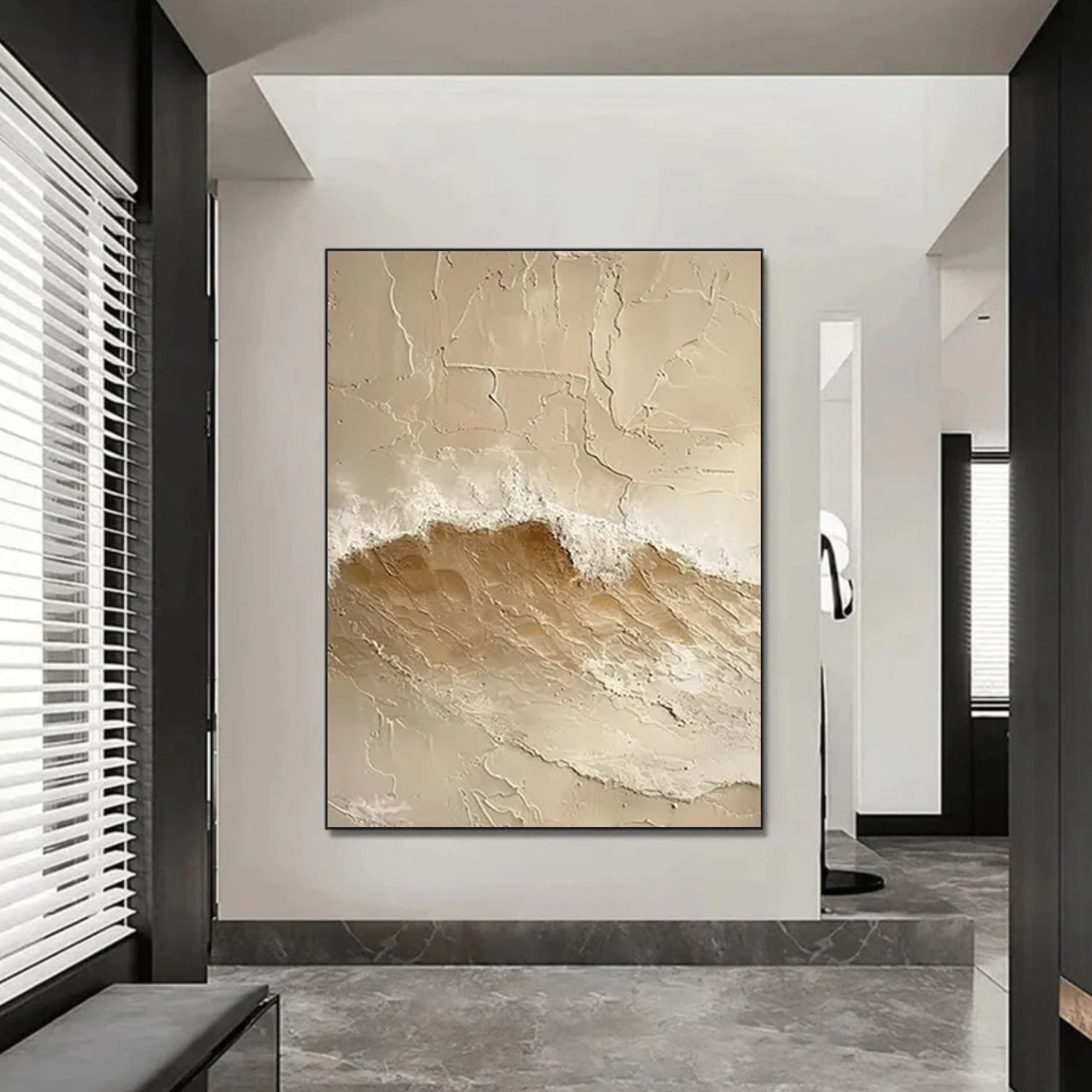 Beige and Brown Abstract Ocean And Sky Textured Canvas Art #OC118