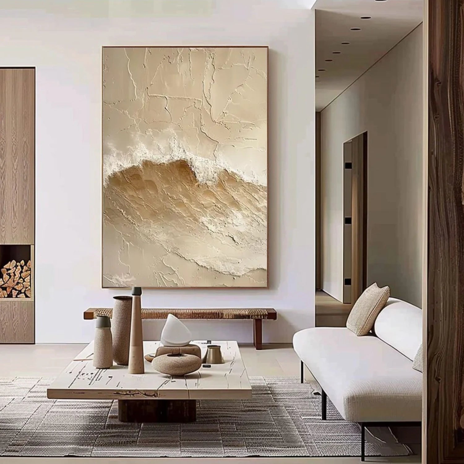 Beige and Brown Abstract Ocean And Sky Textured Canvas Art #OC118