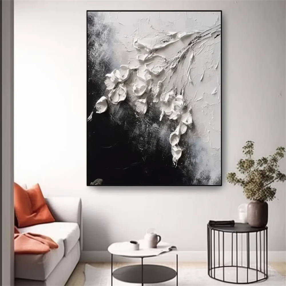 Black & White Minimalist Flower And Tree Textured Canvas Art #MF071