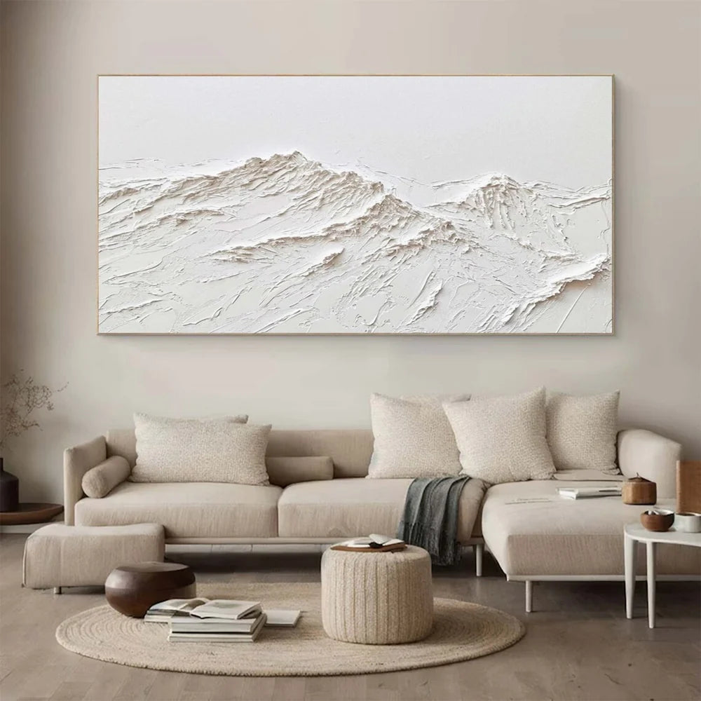 White Minimalist Mountain Textured Canvas Art #BT021