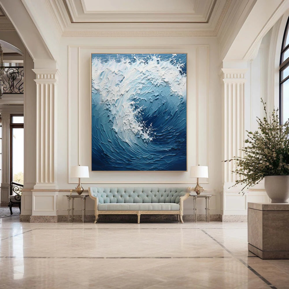White & Blue Minimalist Ocean And Sky Textured Canvas Art #OC052