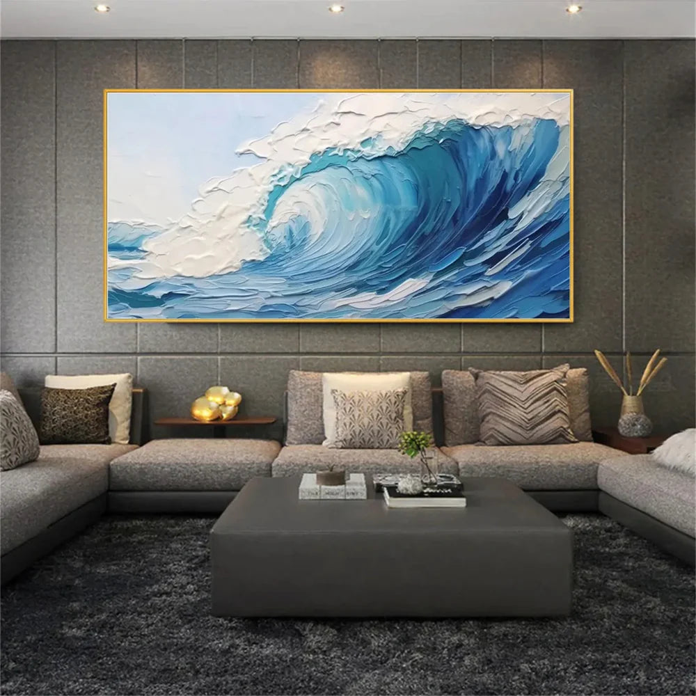 Blue & White Minimalist Ocean And Sky Textured Canvas Art # OC019