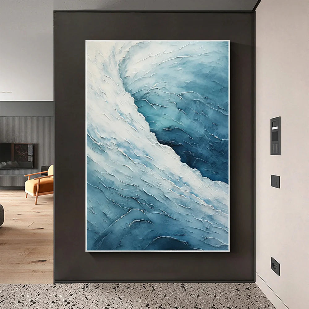White & Blue Minimalist Ocean And Sky Textured Canvas Art #OC054