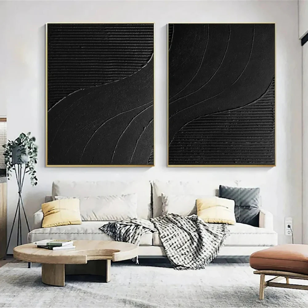Black Minimalist Textured Canvas Art Set of 2 #WZ078
