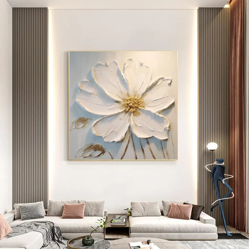 White Minimalist Flower And Tree Textured Canvas Art #MF017
