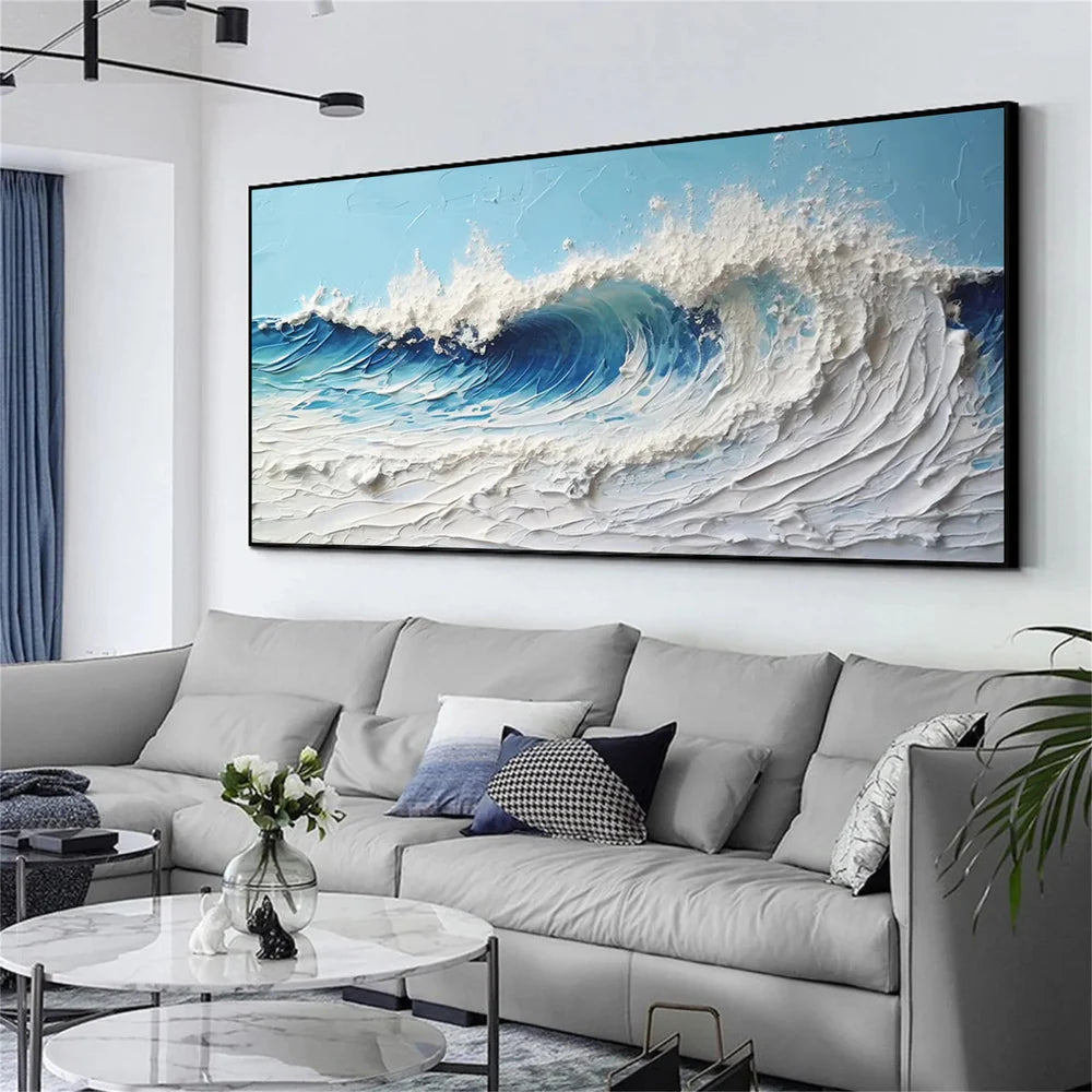 Blue & White Abstract Ocean And Sky Textured Canvas Art #OC061