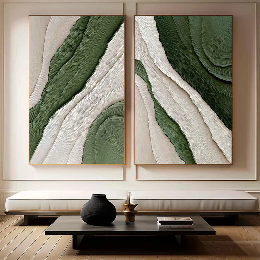 Green and White Minimalist Textured Wall Art Set of 2 #WM036