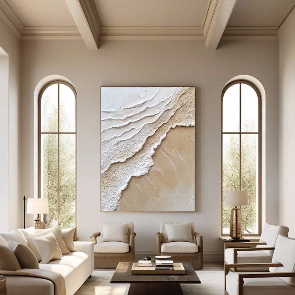 Brown & White Minimalist Ocean And Sky Textured Canvas Art #OC042
