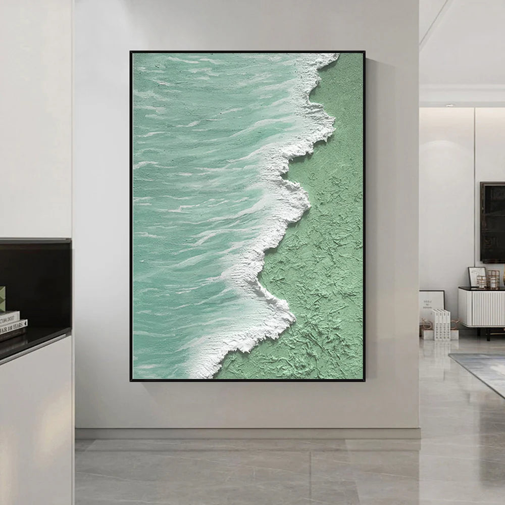 Green & White Minimalist Ocean And Sky Textured Canvas Art #OC044