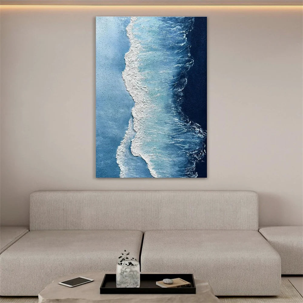 Blue & White Abstract Ocean And Sky Textured Canvas Art #OC062