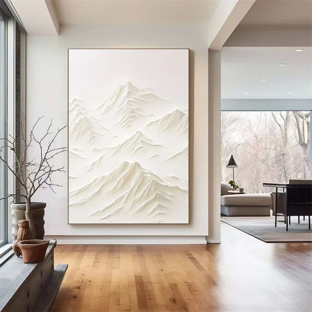 White Minimalist Mountain Textured Canvas Art #BT002