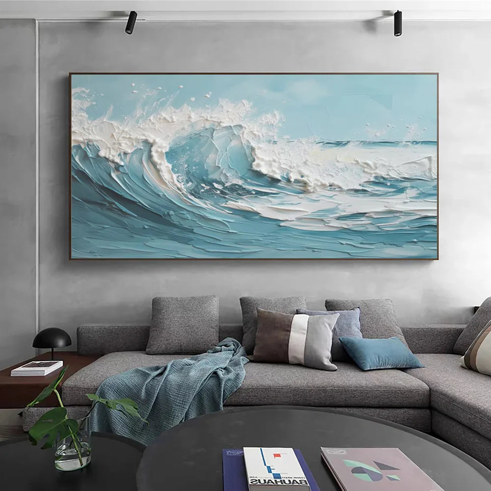 Blue & White Abstract Ocean And Sky Textured Canvas Art #OC071
