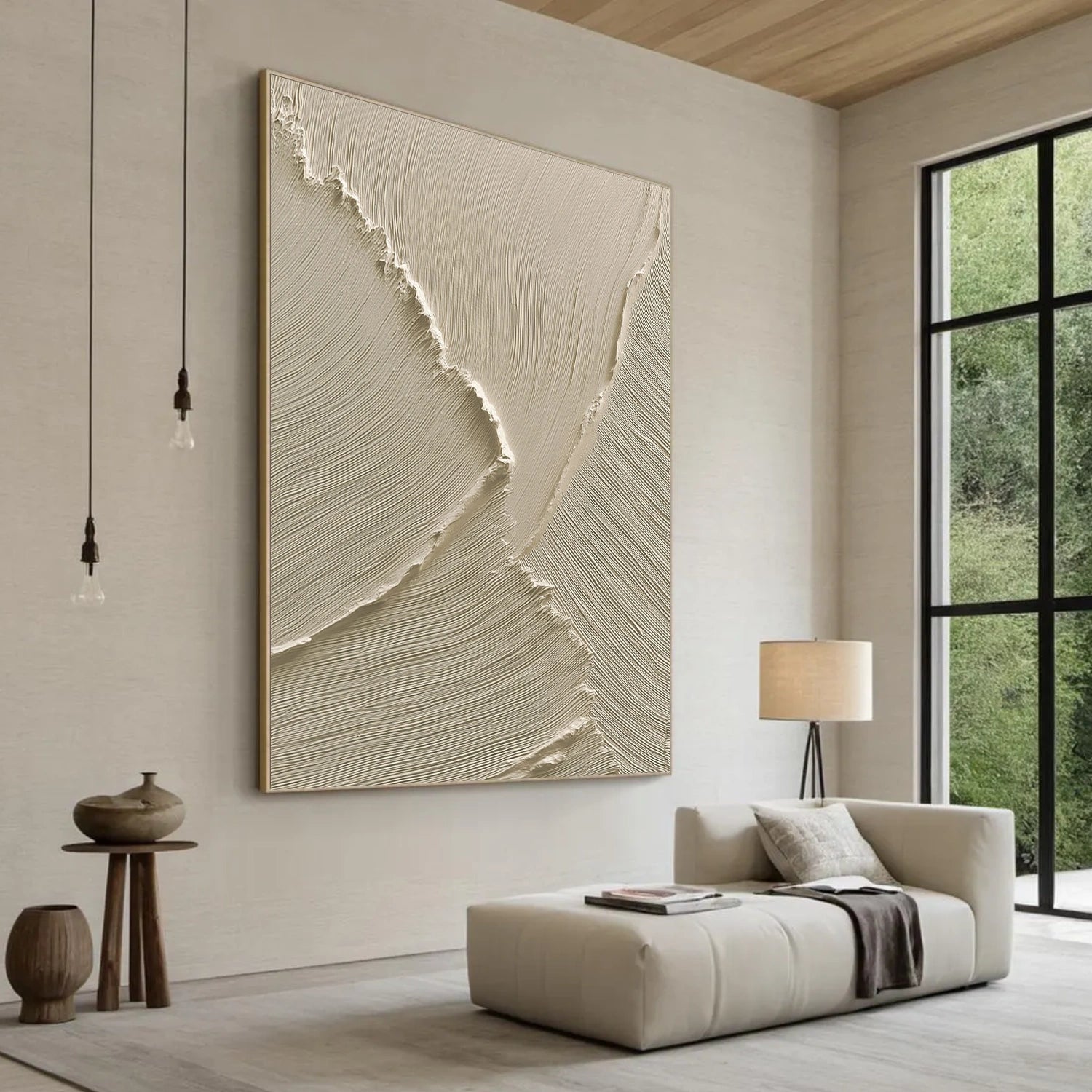 Beige Minimalist Ocean And Sky Textured Canvas Art #OC154