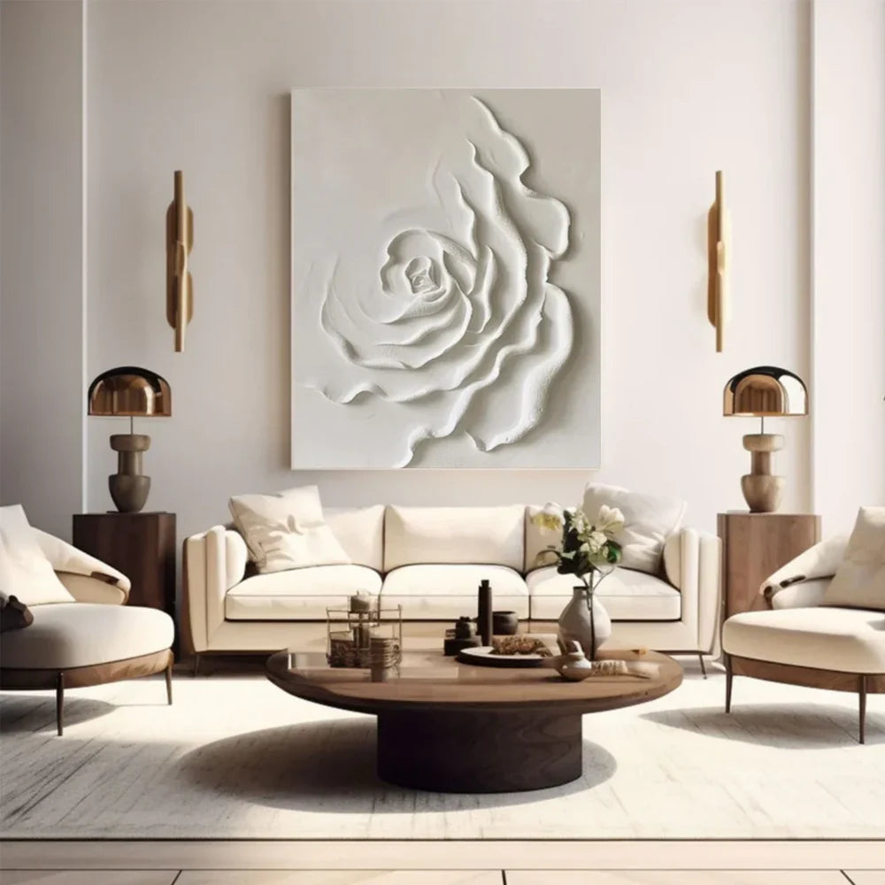 White Minimalist Flower And Tree Textured Canvas Art #MF023