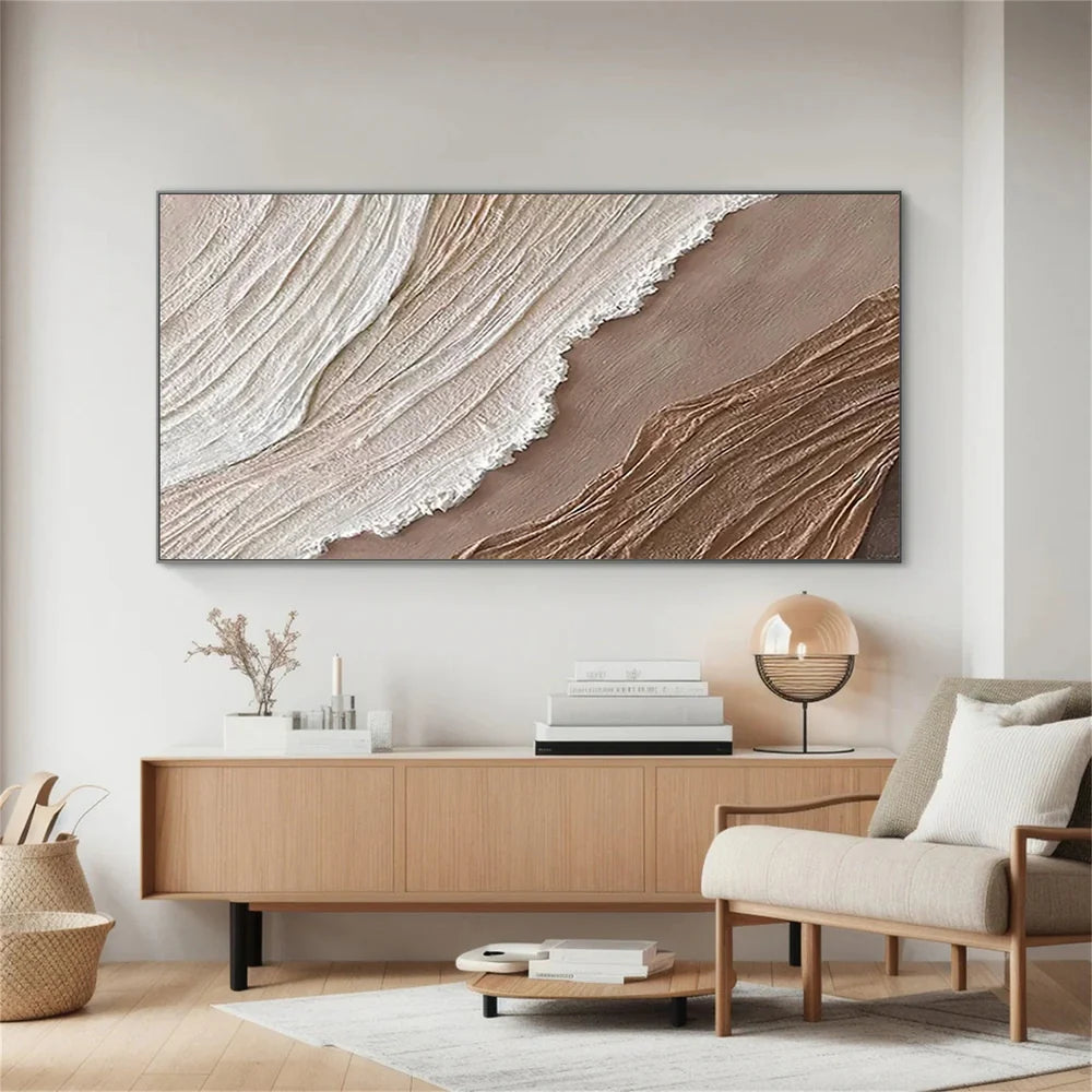 Beige & Brown Minimalist Ocean And Sky Textured Canvas Art #OC026