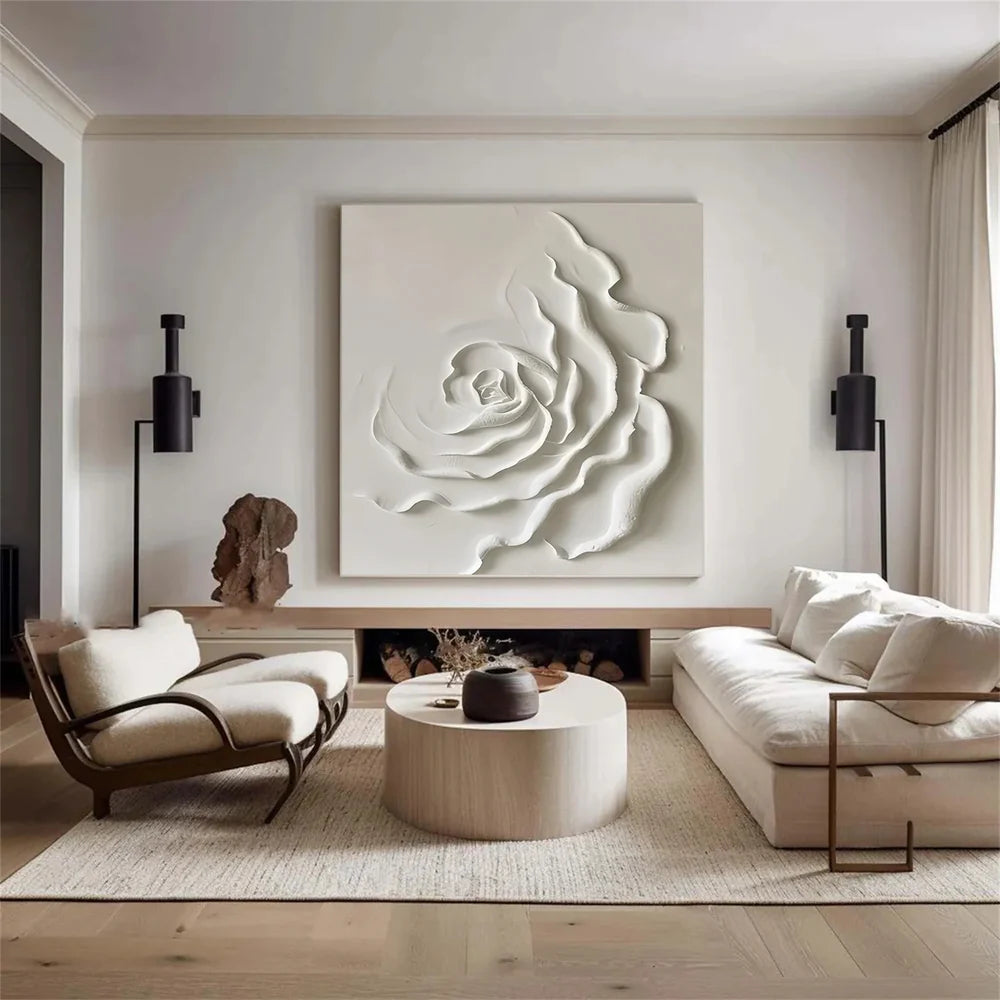 White Minimalist Flower And Tree Textured Canvas Art #MF016
