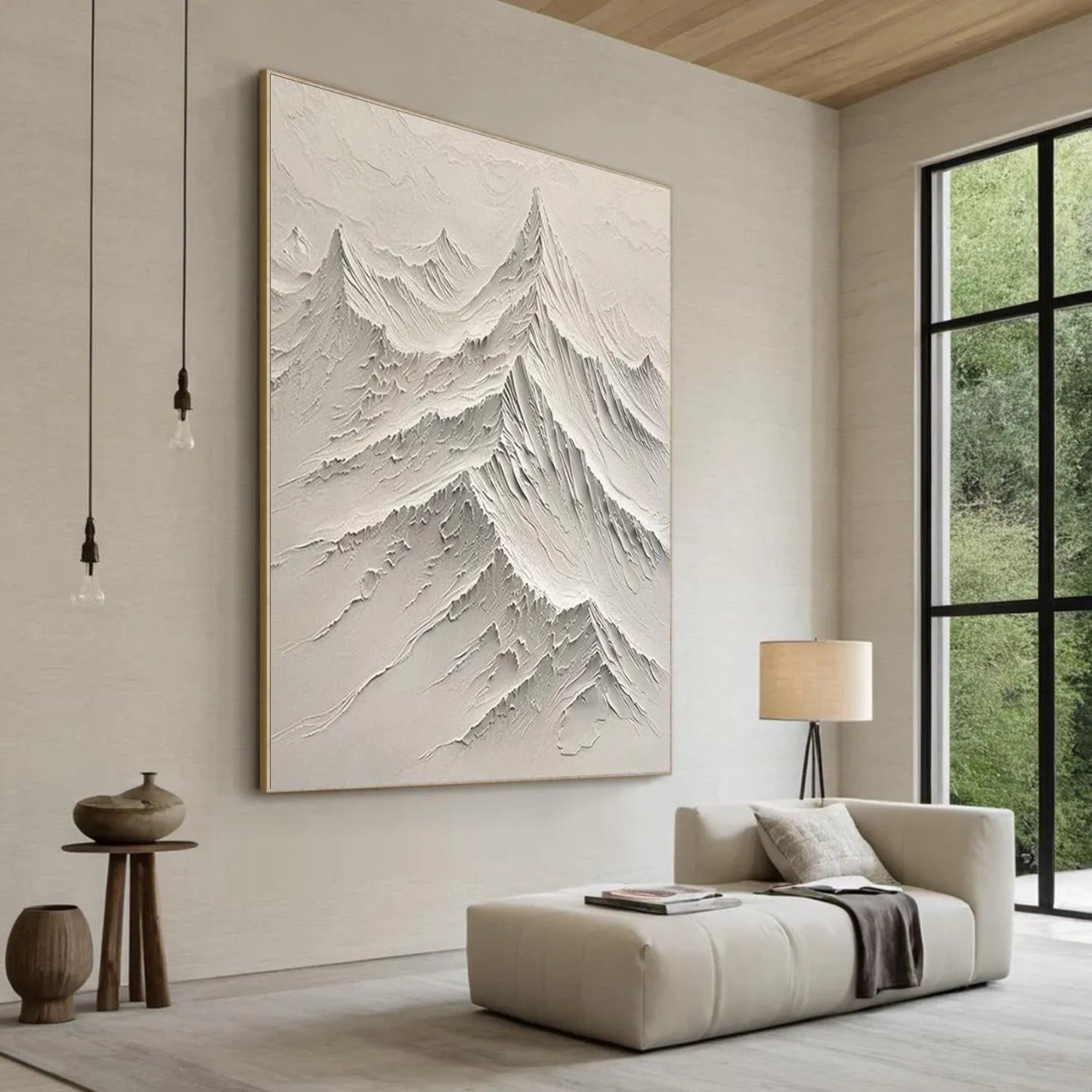 White Minimalist Mountain Textured Canvas Art #BT093