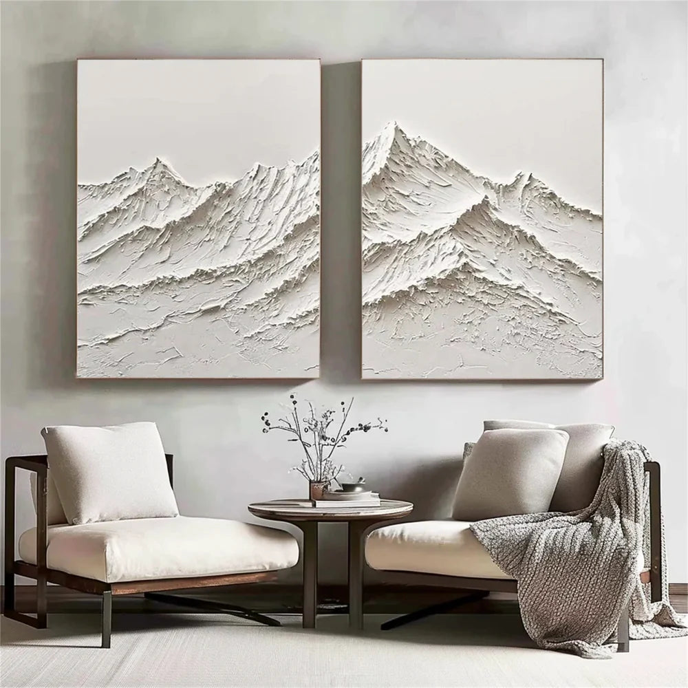 White Minimalist Mountain Textured Canvas Art Set of 2 #BT007