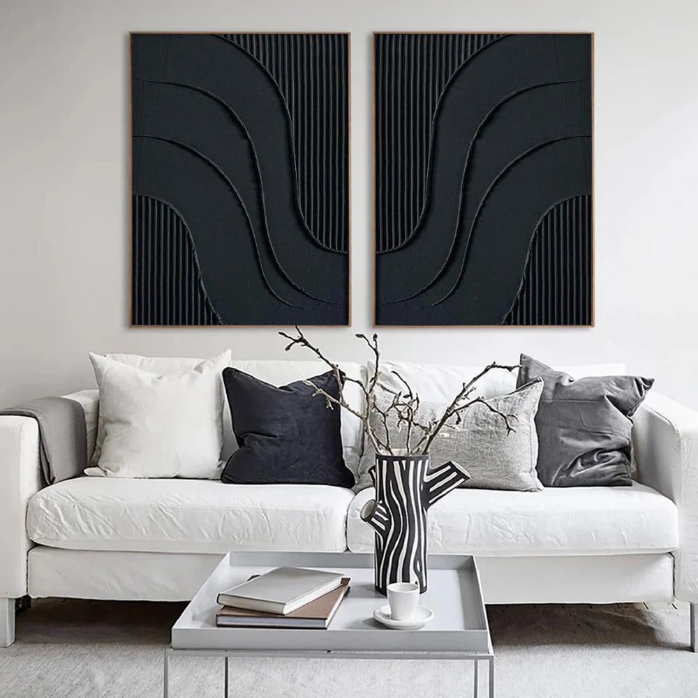 Black Minimalist Textured Canvas Art Set of 2 #WZ002