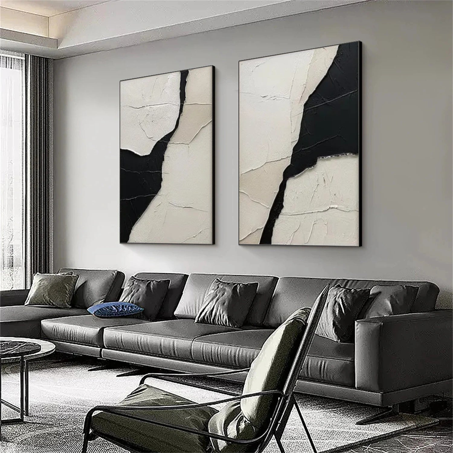 Black and White Minimalist Textured Canvas Art Set of 2 #WZ097