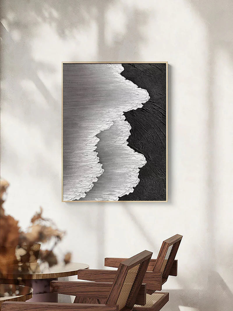Black & White Minimalist Ocean And Sky Textured Canvas Art #OC043